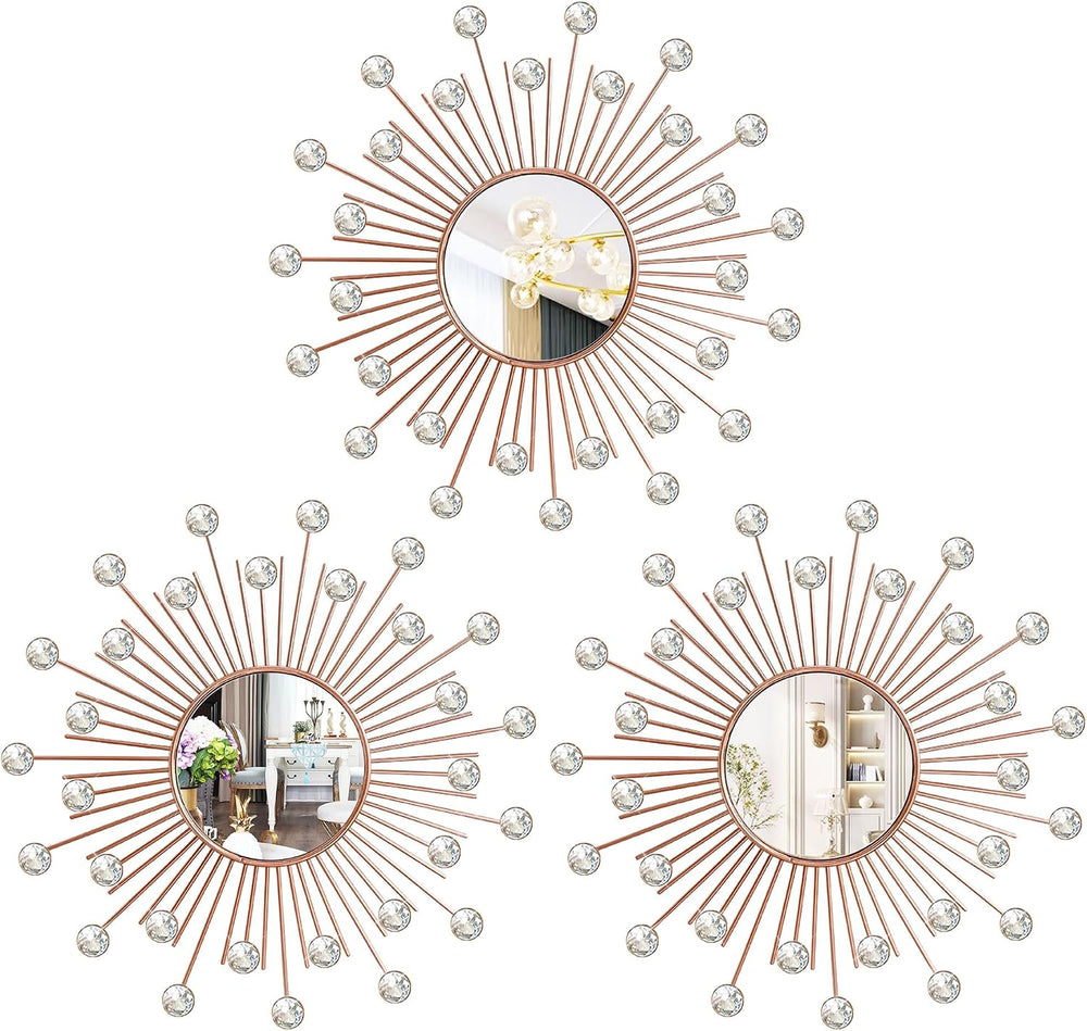 3 Pack Metal Mirrors for Wall Sunburst Wall Mirror Rose Gold Crystal Dรฉcor
