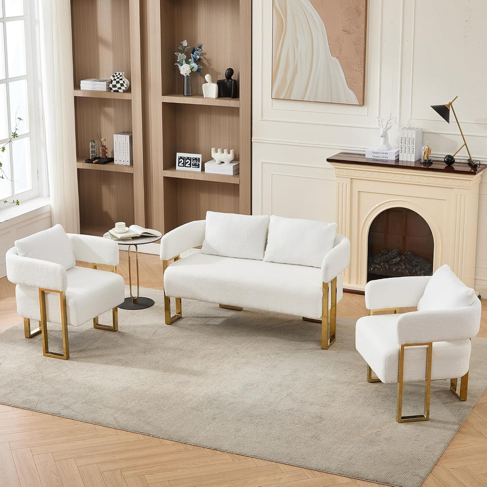Loveseat Sofa and 2 Modern Accent Chairs no Wheels, Living Room Side Chairs w...