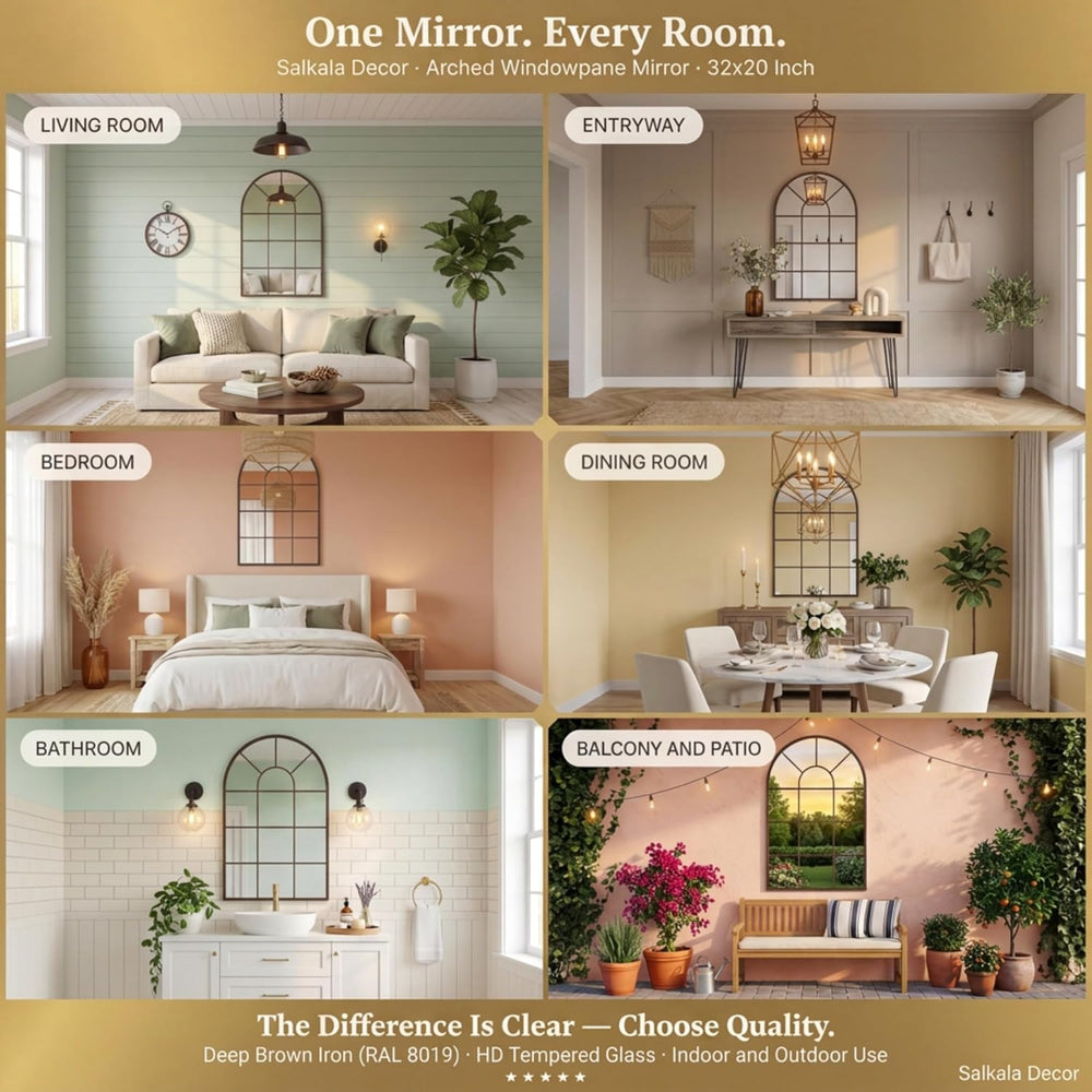 Brown Arched Windowpane Mirror 32x20 Inch, Bathroom Mirror Vanity Mirror for ...
