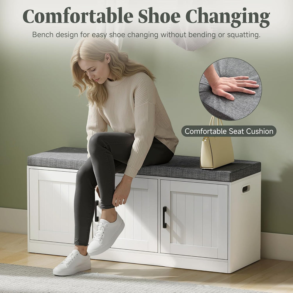 Turosur Shoe Storage Bench with Cabinet, 3-Tier Entryway Bench with Padded Se...