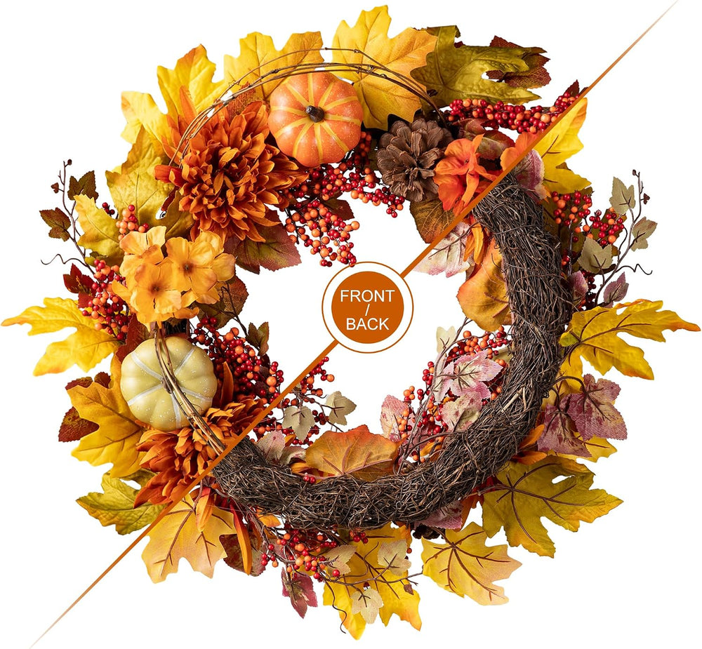 Glitzhome 24 inch Artificial Fall Wreath Decor, Autumn Maple Leaf Wreath for ...