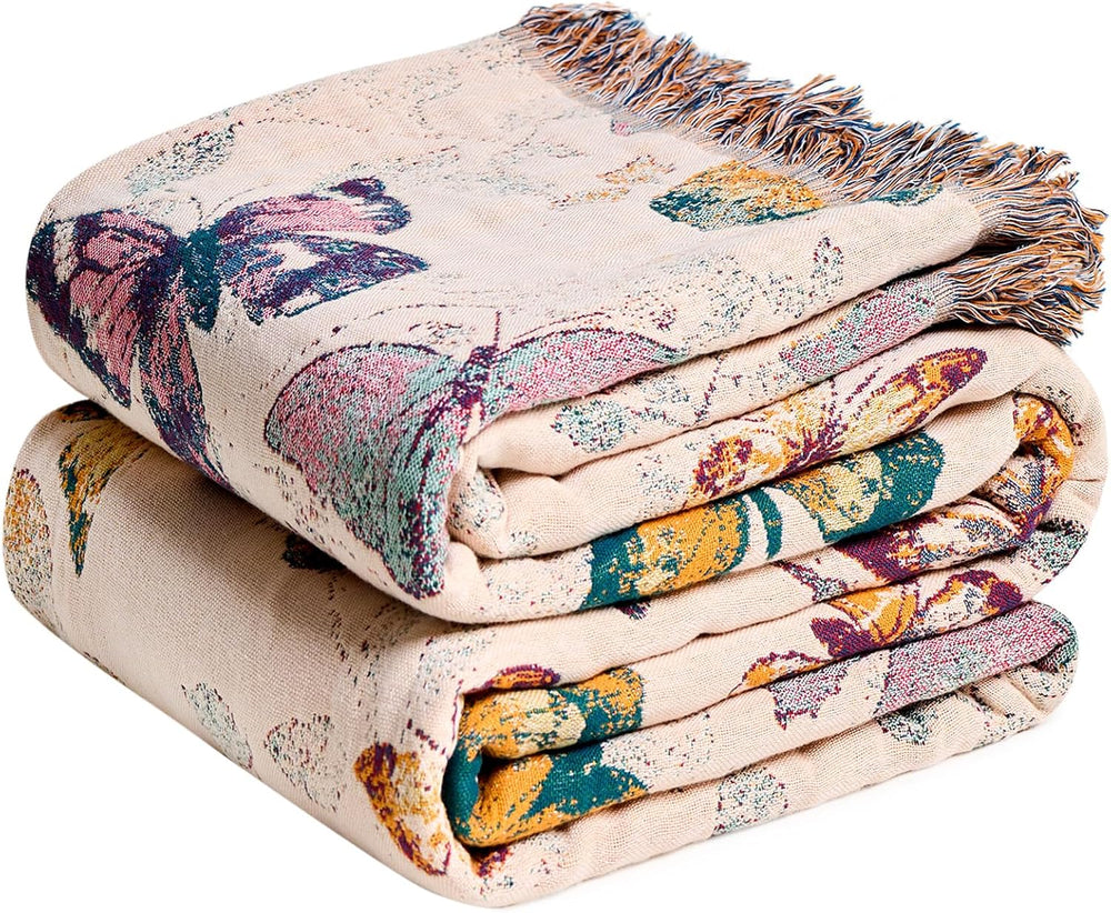 MSGKV Boho Throw Blanket for Bed Cotton Butterfly Twin Size Couch Blanket