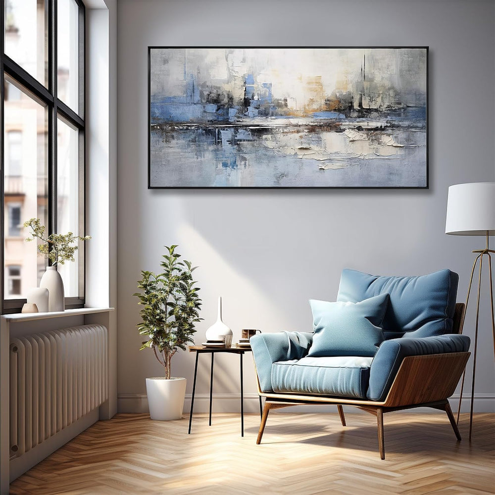 Abstract Wall Art Blue and White Reflection Large Size Framed Artwork Wall De...