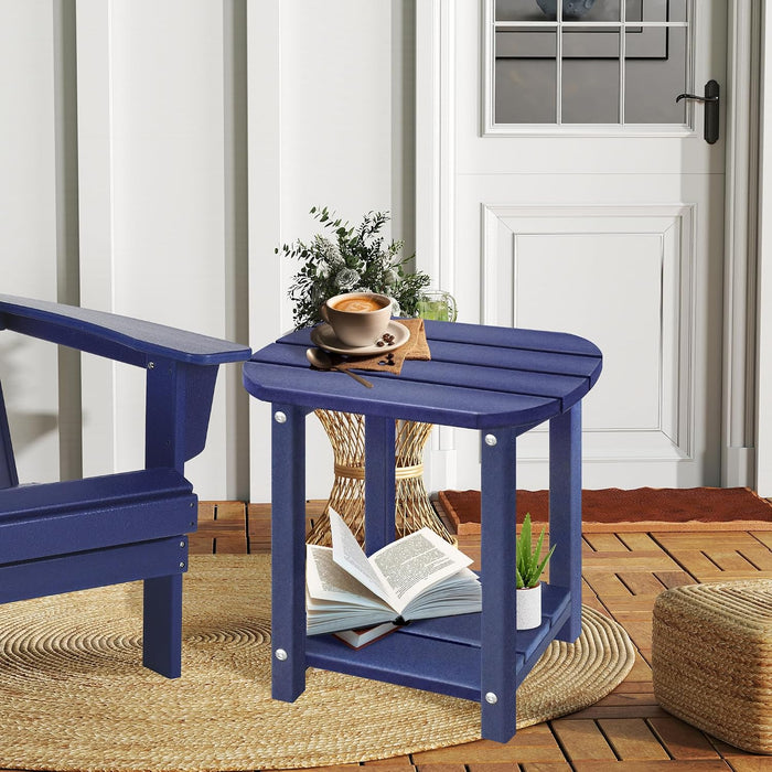 LZRS 2-Tier Patio Side Table, Heavy Duty HDPE Outdoor End Table with Wood Texture, Weatherproof Composite Table for Adirondack Chairs, Deck, Pool, Indoor/Outdoor, No Peeling Cracking(Navy Blue)