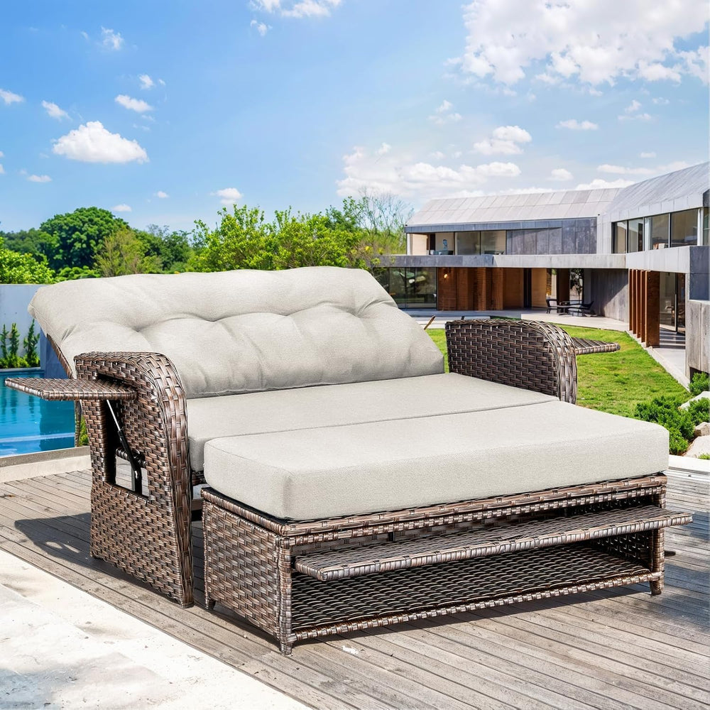 Outdoor Daybed, Patio Daybed Wicker Recliner for Two with Multifunctional Rec...