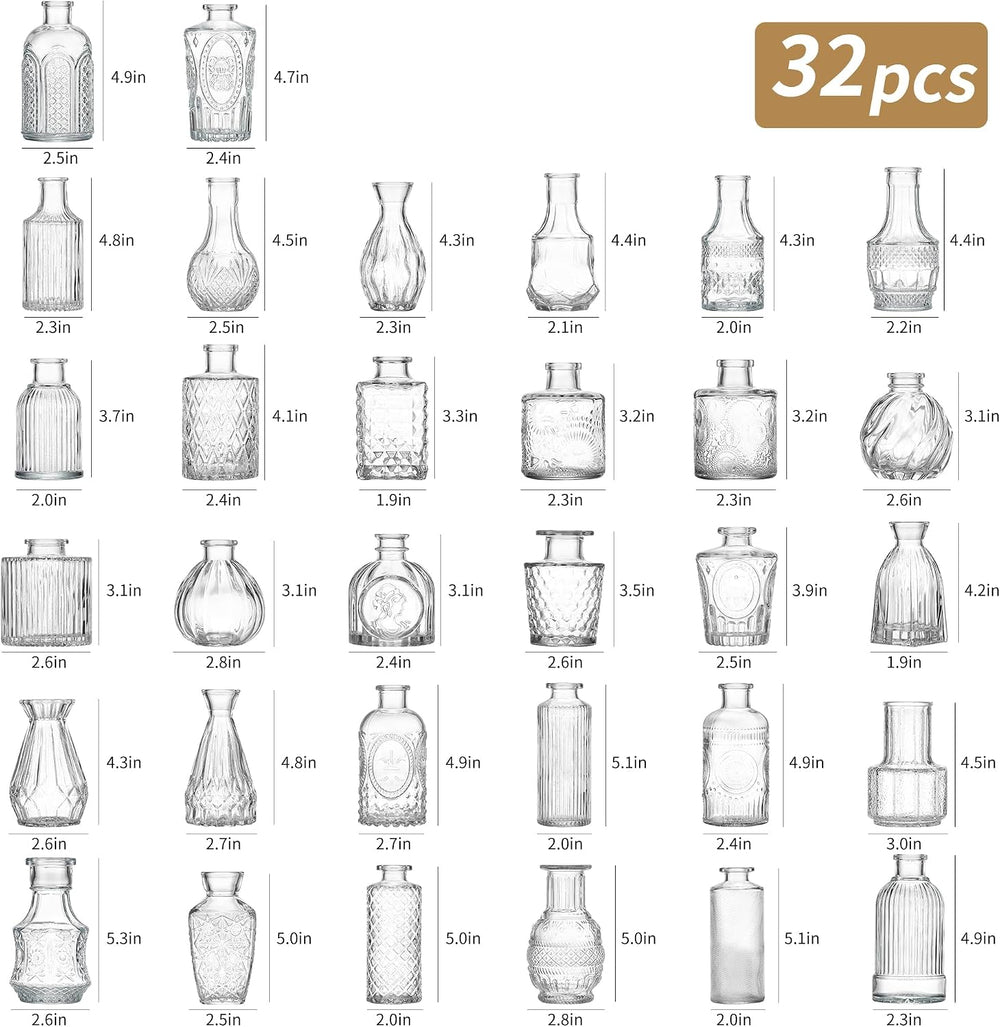 Glass Bud Vase Set of 32 Pcs, Vintage Clear Small Glass Vases for Flowers, Gl...