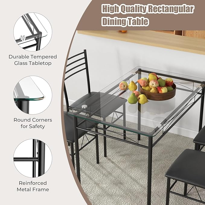 Giantex 5 Piece Dining Table Set, Kitchen Dining Set with Tempered Glass Tabl...