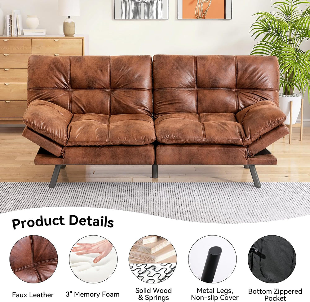 Brown Faux Leather Futon Sofa Bed,Convertible Futon Couch