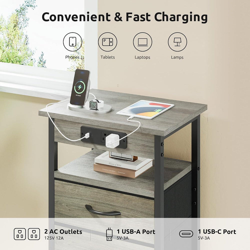 Lazzanto Night Stand with Charger Station, 2 Fabric Drawers, Grey | Nightstan...