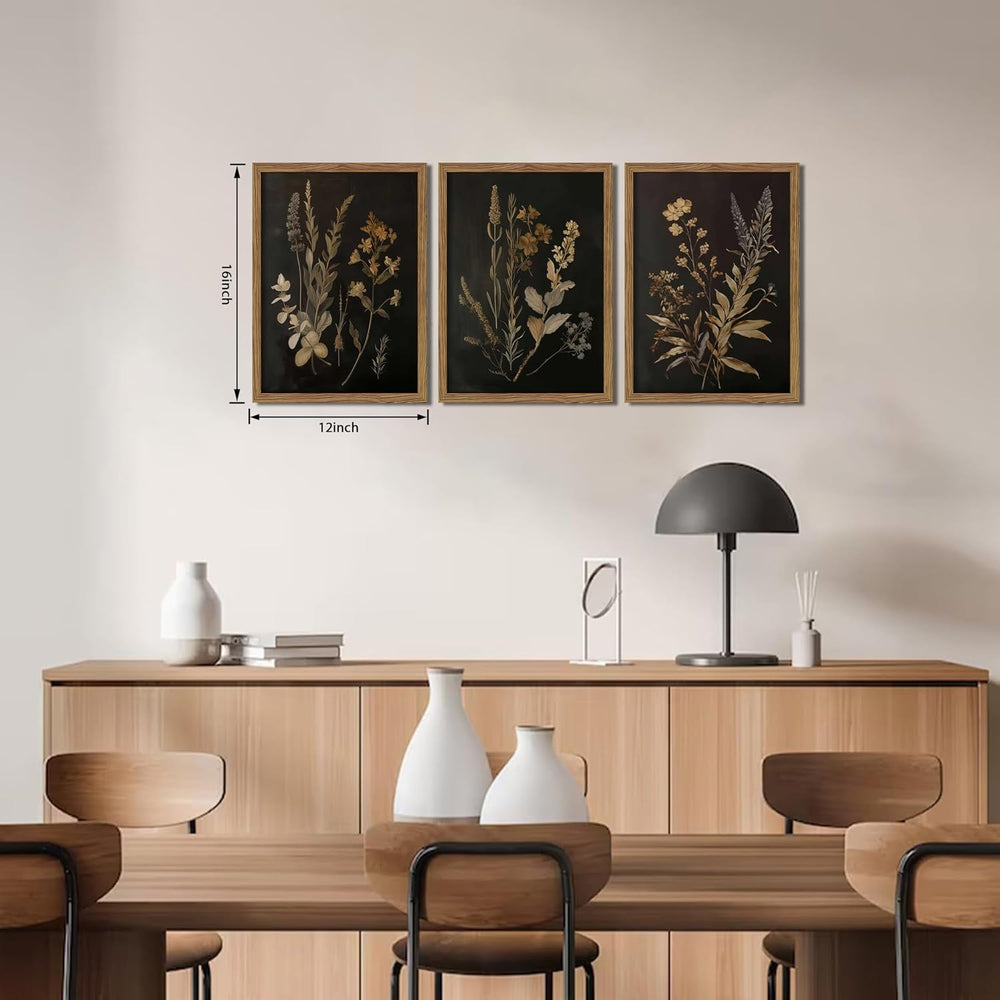 Framed Dark Botanical Wall Art Set of 3, Black Moody Floral Wall Decor Painti...