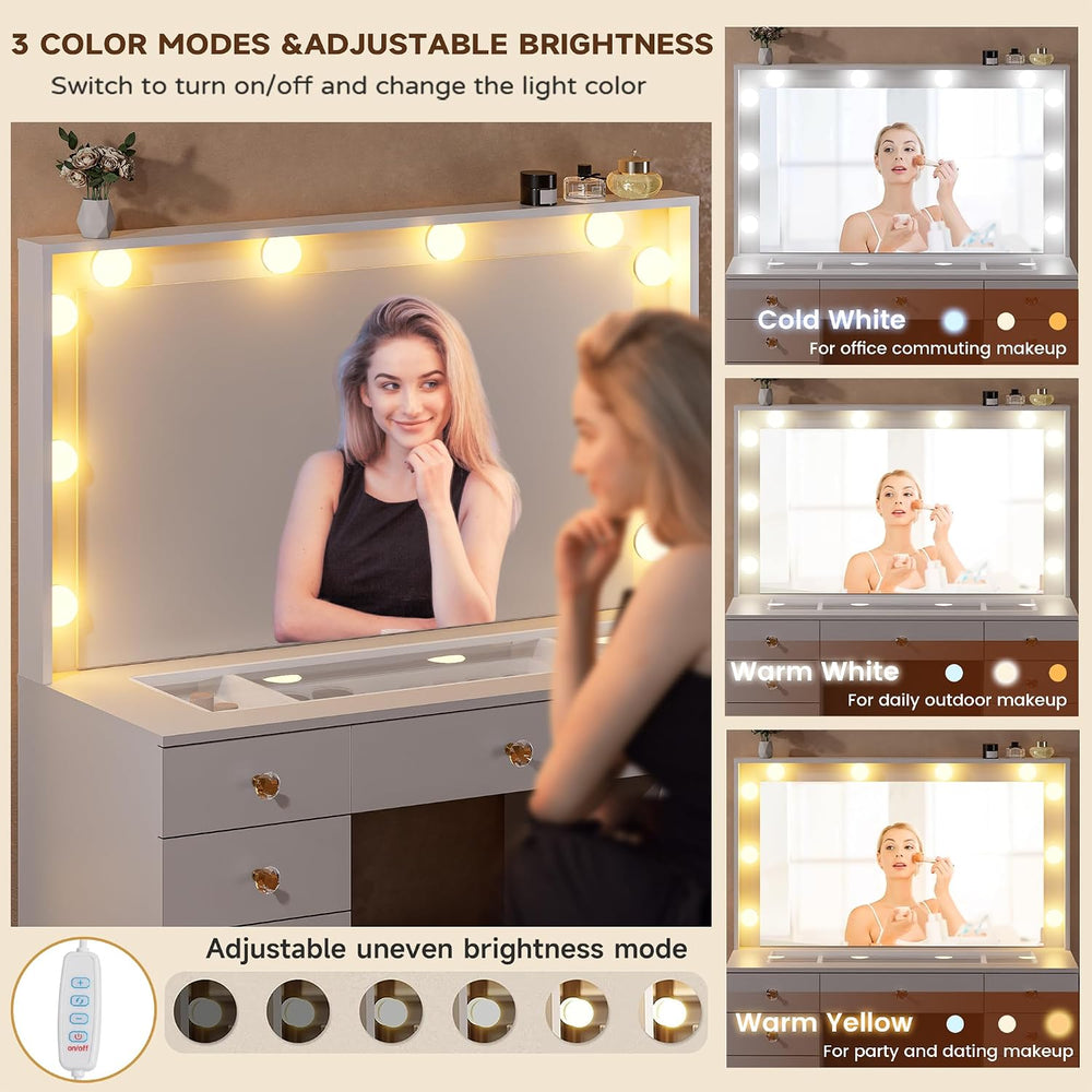 DINGIPP Vanity with Large Mirror and 10 LED Lights, Vanity Desk with Glasstop...