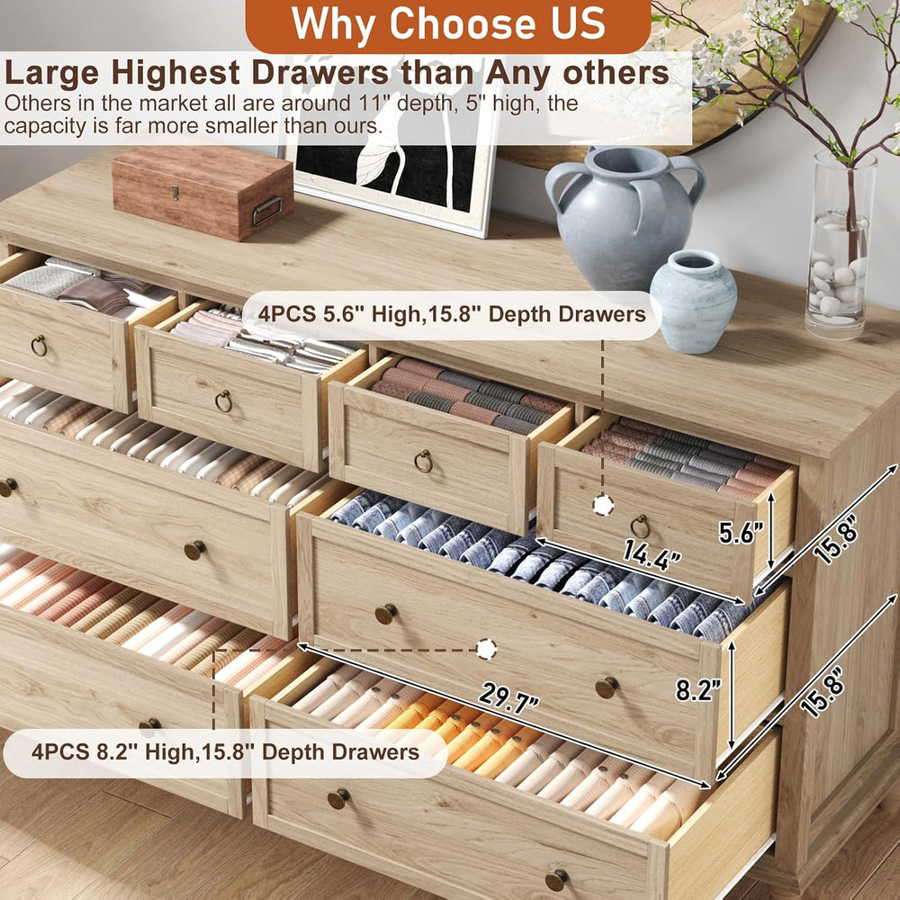 65inch Large Long Wood 8 Drawer Dresser for Bedroom,20" Deep Drawers,Oak