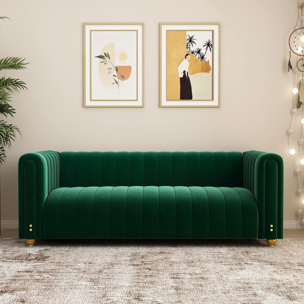 Green Velvet Couch Sofa Loveseat, 81.3 Wide Mid Century Modern Couch Small Sp...