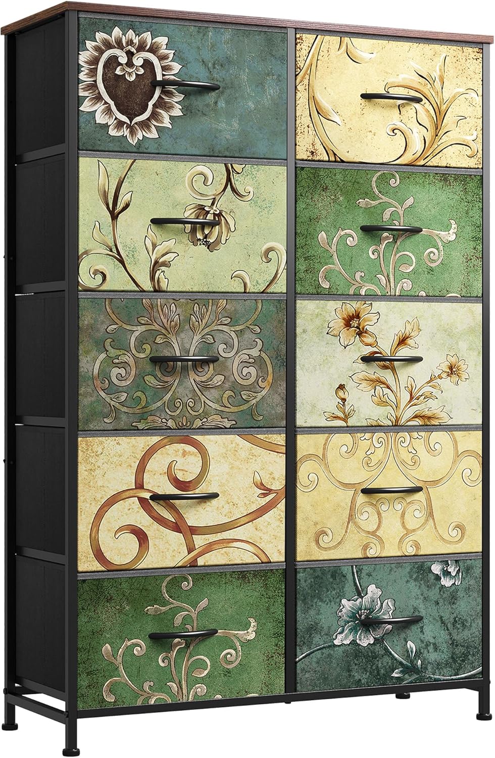 WLIVE Tall Dresser for Bedroom with 10 Fabric Drawers, Floral Painted
