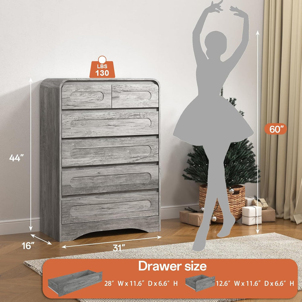 6 Drawer Grey Dresser, 44" Tall Chest of Drawers for Bedroom