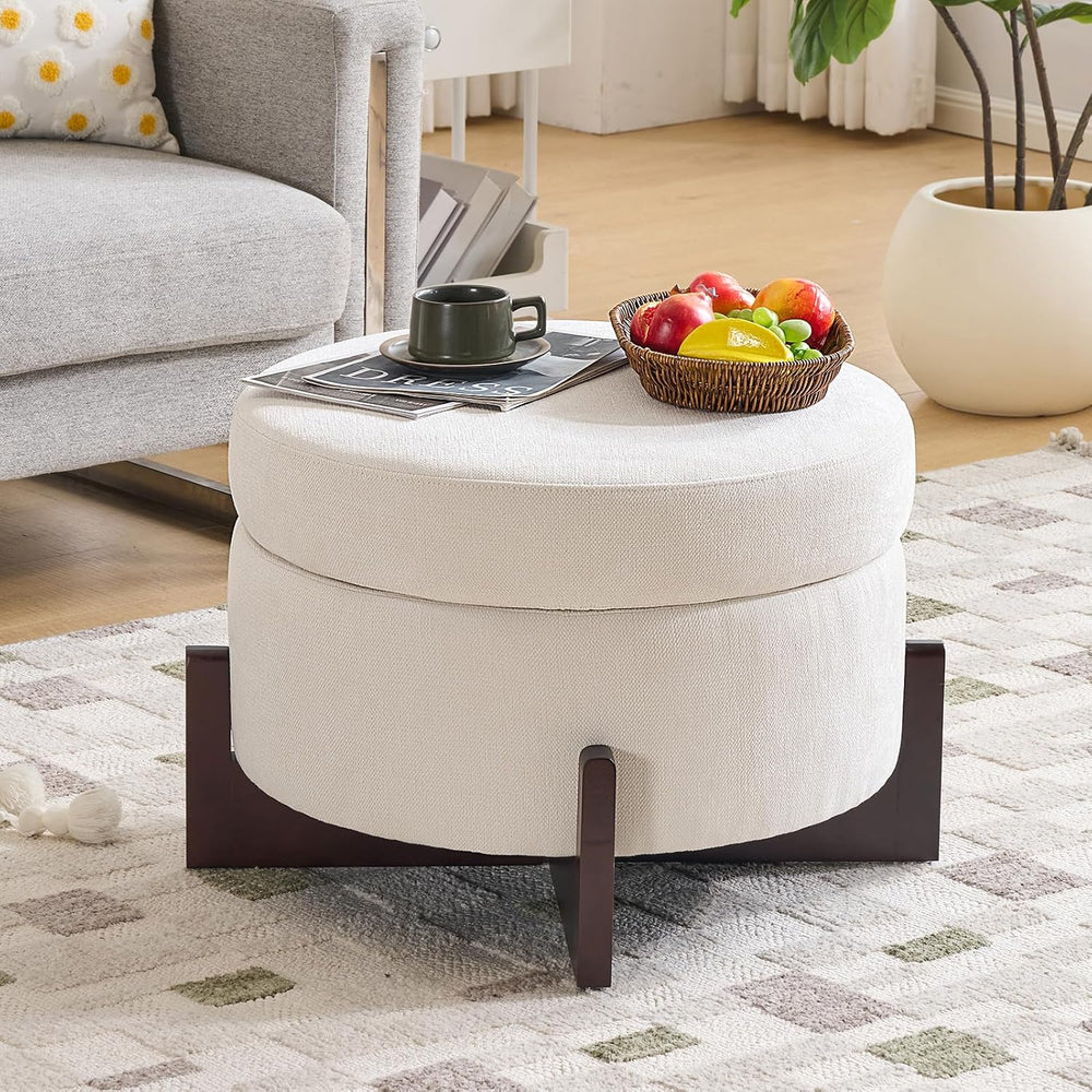 26Inch Round Storage Ottoman, Modern Chenille Upholstered Ottoman with Storag...