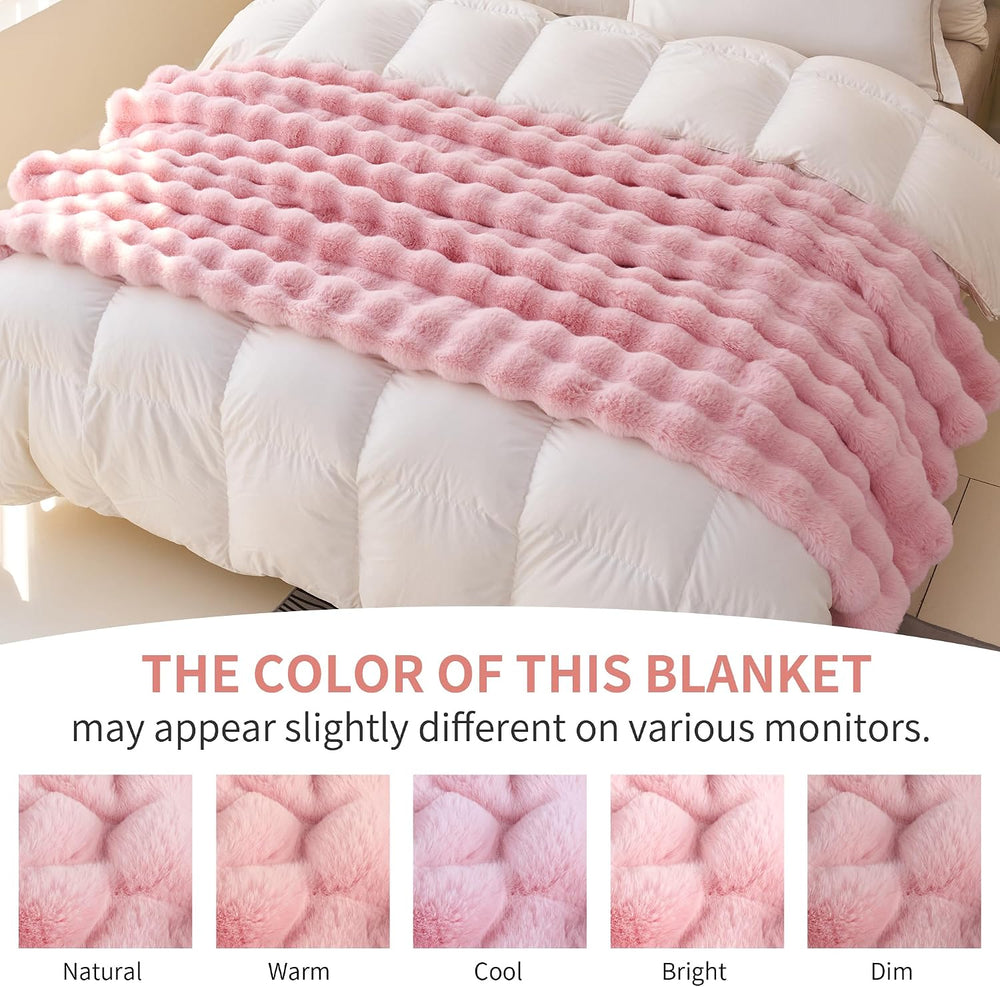 Comelady Faux Rabbit Fur Throw Blanket for Couch, Soft Plush Bubble Blanket