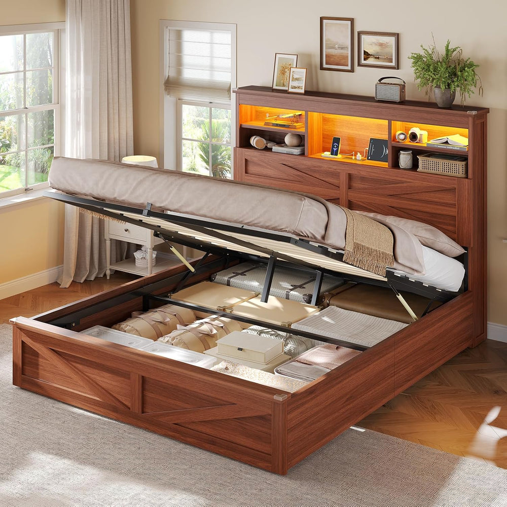AOGLLATI Farmhouse Full Size Bed Frame with Lift Up Storage,Brown