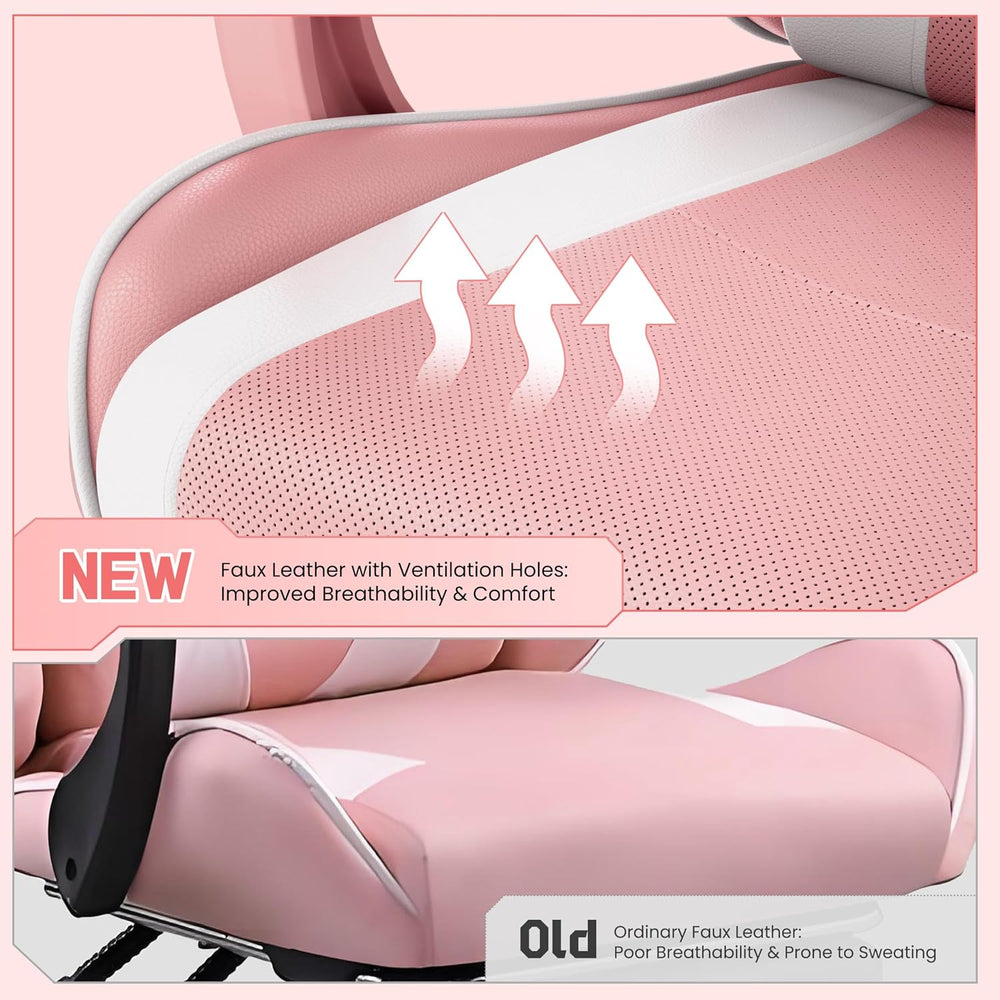 Yaheetech Gaming Chair with Footrest Massage Lumbar Pillow Pink and White