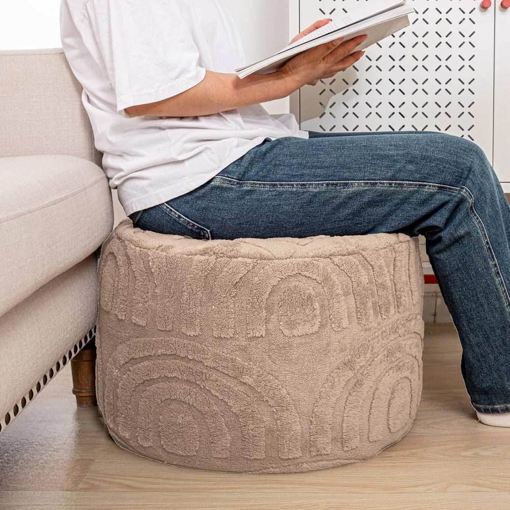 Round Ottoman Pouf Foot Stool, Khaki, 20x14 In,Hassock,Sofa Couch Foot Rest |...