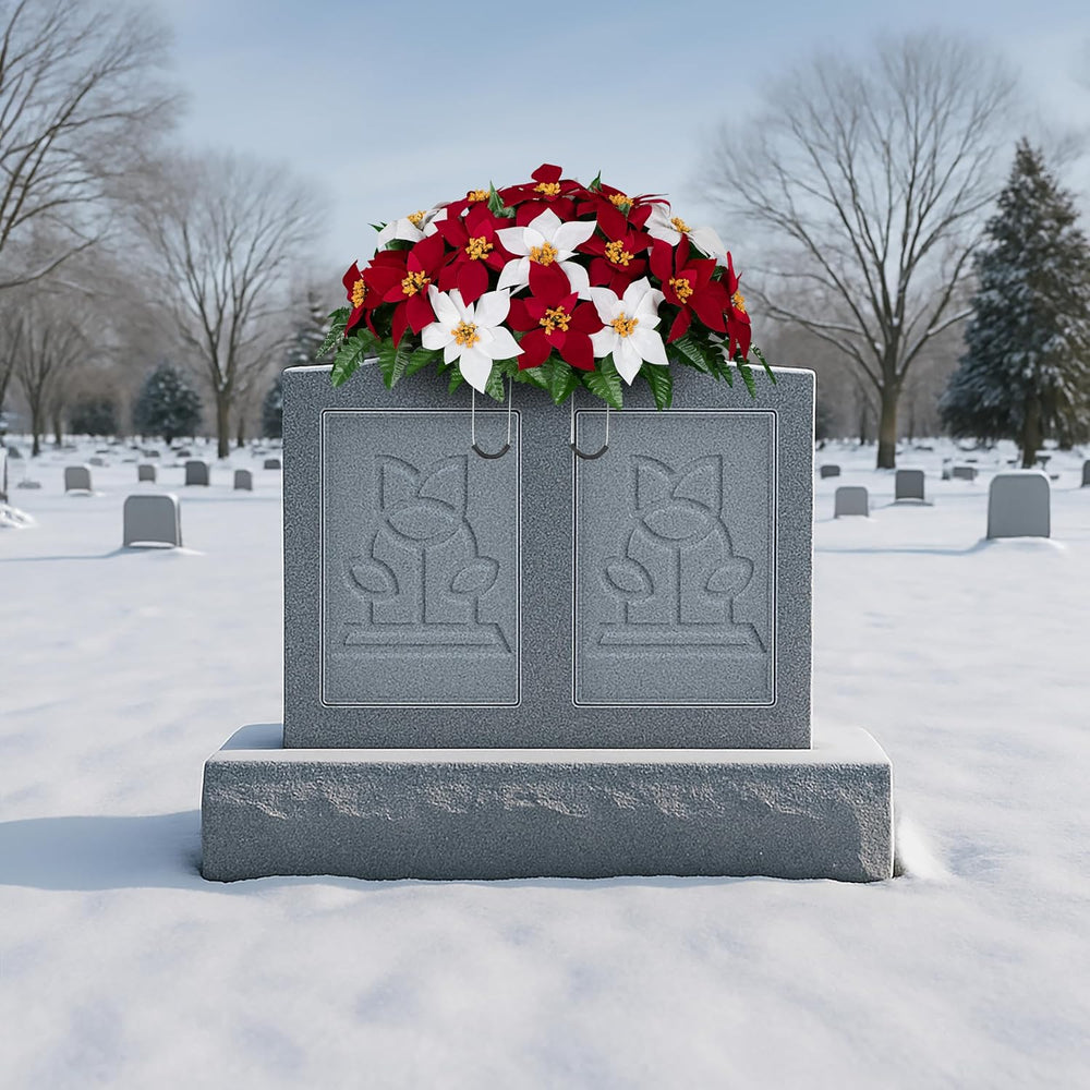Sympathy Silks 30-Inch Christmas Headstone Saddle, Red & White Poinsettias