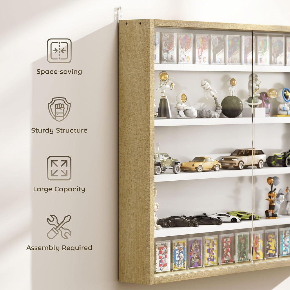 HOMCOM 5-Tier Wall Mounted Display Cabinet Glass Doors 60x80cm White/Oak | Di...