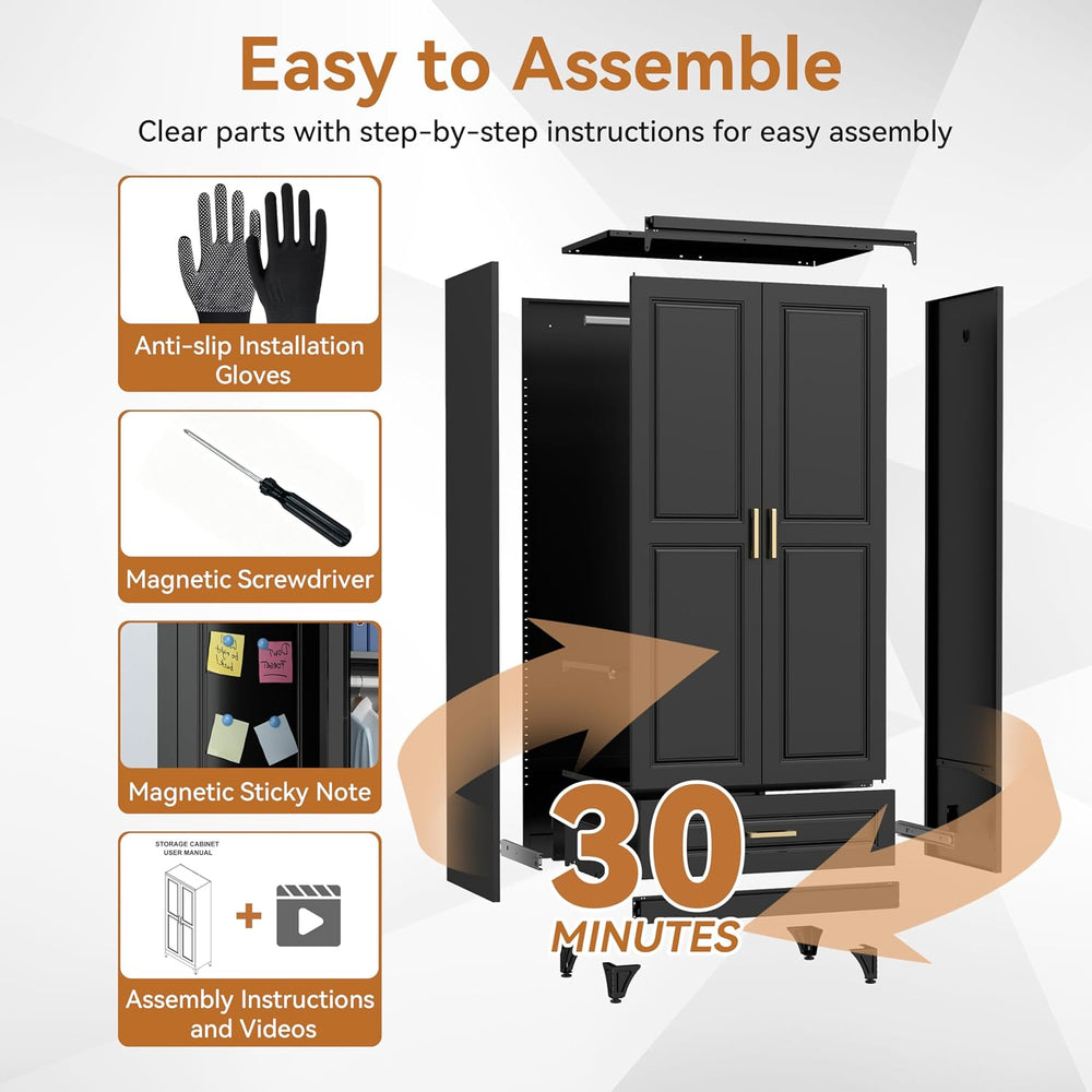 Polup 71" Black Metal Armoire Wardrobe Closet with Doors and 1 Drawer