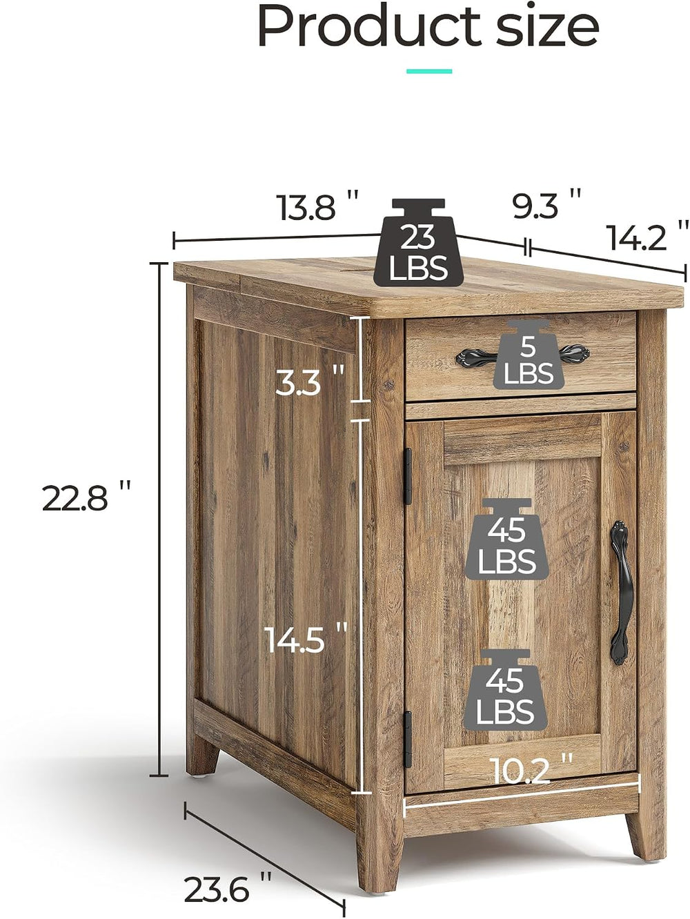 LINSY HOME Charging End Table with USB Ports, Wooden Door, Brown