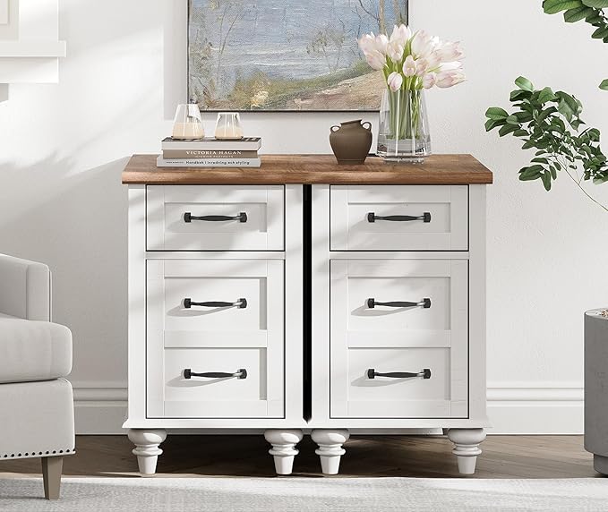 WAMPAT 2 Pack Off White End Table with Charging Station, Wood Side Sofa Table...