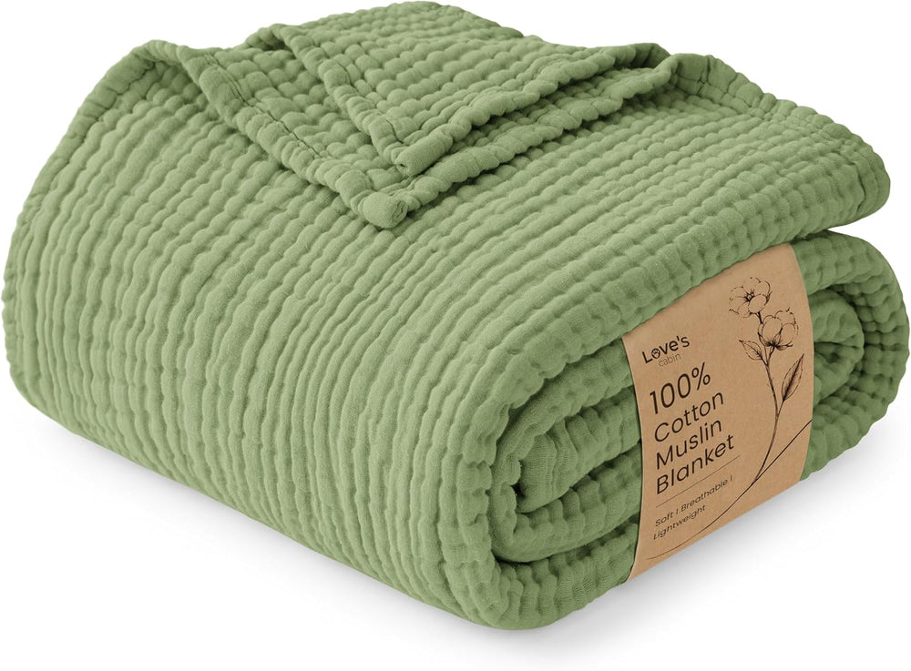 Love's cabin 100% Cotton Muslin Blanket King Size for Bed, Sage Green