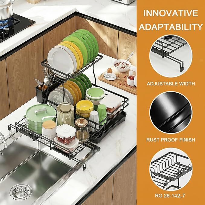 Over The Sink Large 2 Tier Dish Drying Rack Expandable, Dish Drainers