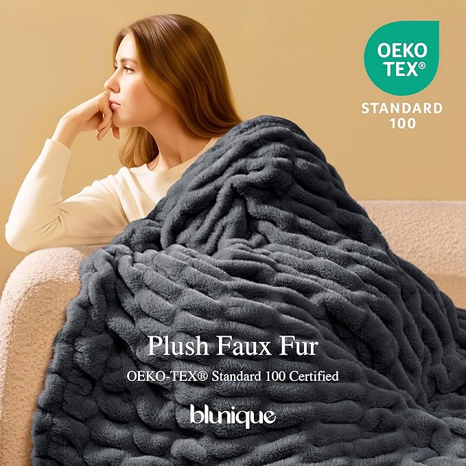 Ultra Soft Cozy Faux Fur Throw Blanket, Fuzzy Plush Thick Bubble Blanket