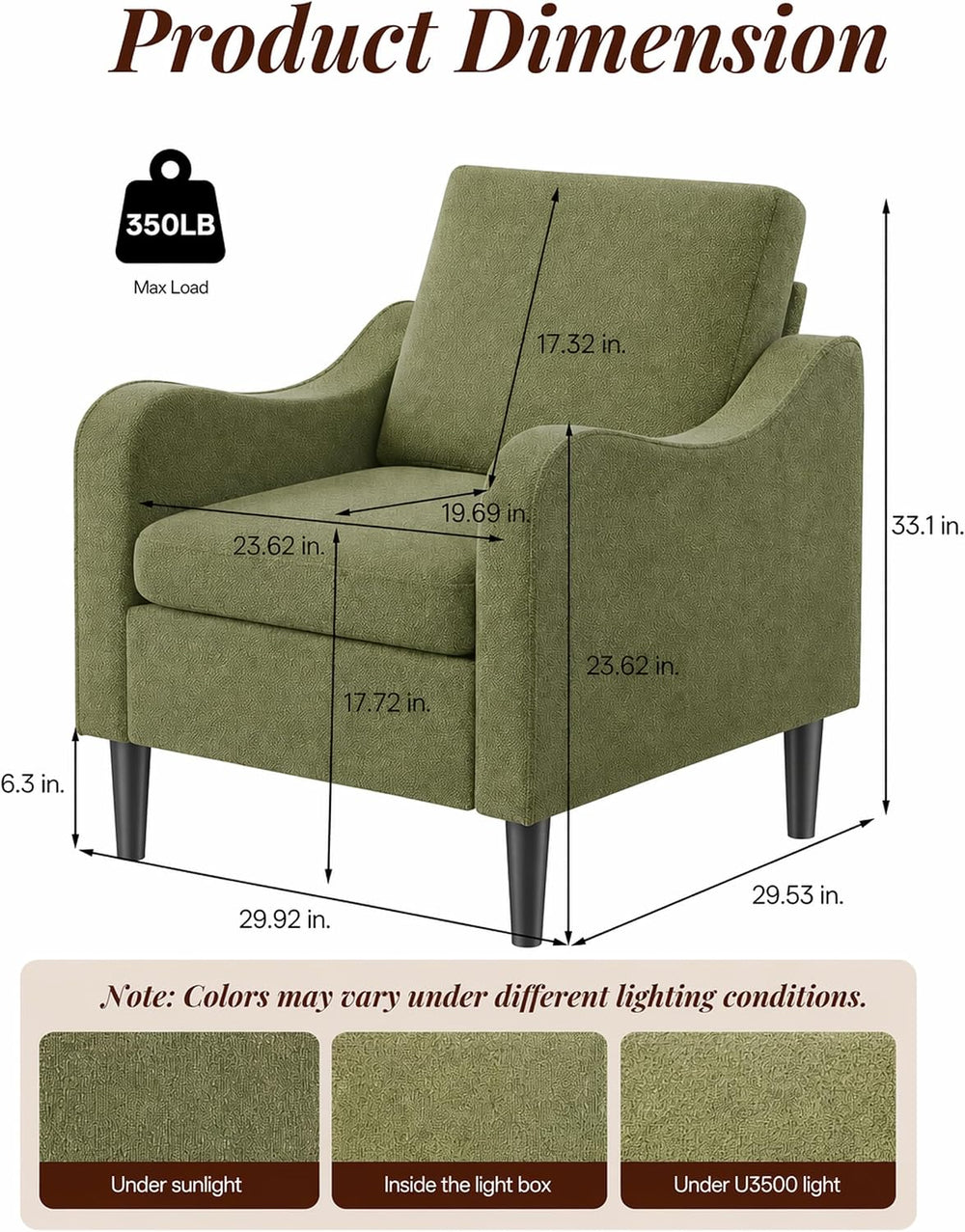 LEVELEVE Accent Arm Chair – Olive Green, Upholstered Scooped Comfy Reading Ch...