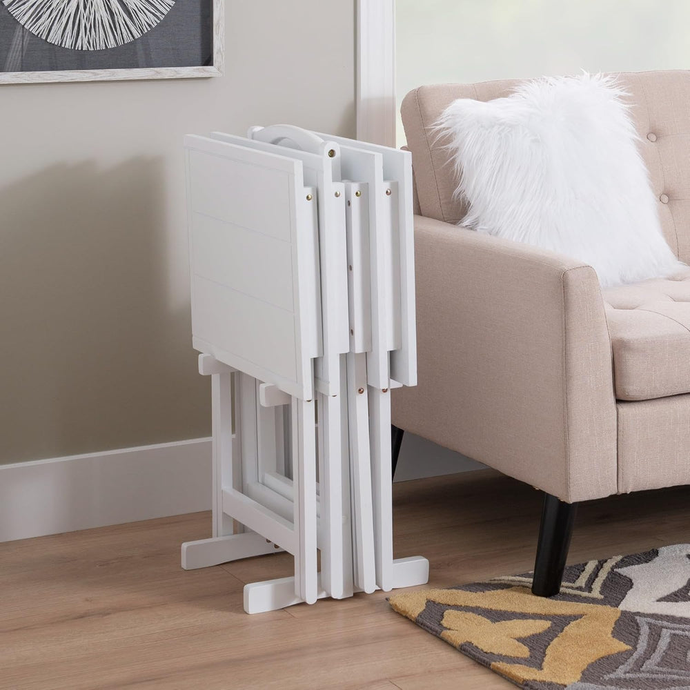 Linon Lisbon Five Piece Farmhouse Plank-Style Top Tray Table Set in White Wood