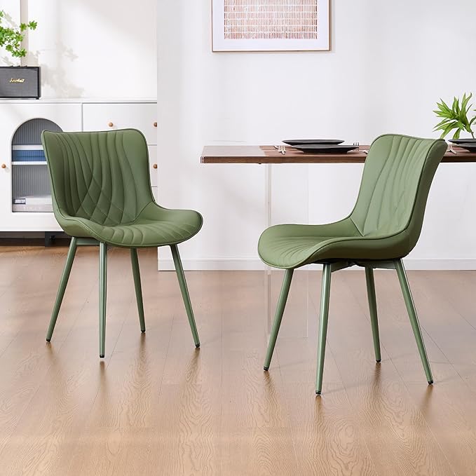 YOUTASTE Upholstered Leather Dining Chairs Set of 2 All Olive Green, Mid Cent...