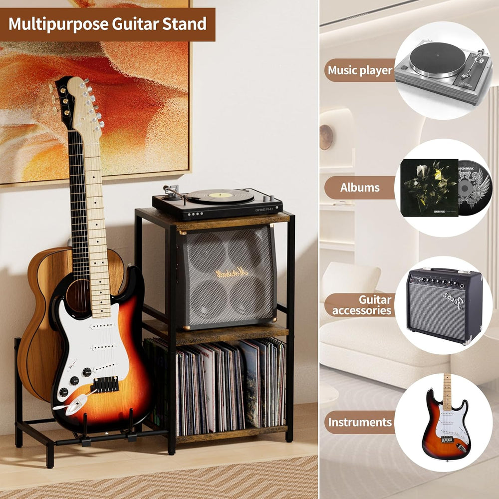 YAKANJ End Table with Guitar Stand,Record Player Stand,Vinyl Records Storage,...