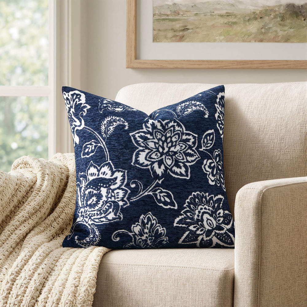 Set of 2 Chenille Floral Pillow Covers 20x20 Inch Navy Blue