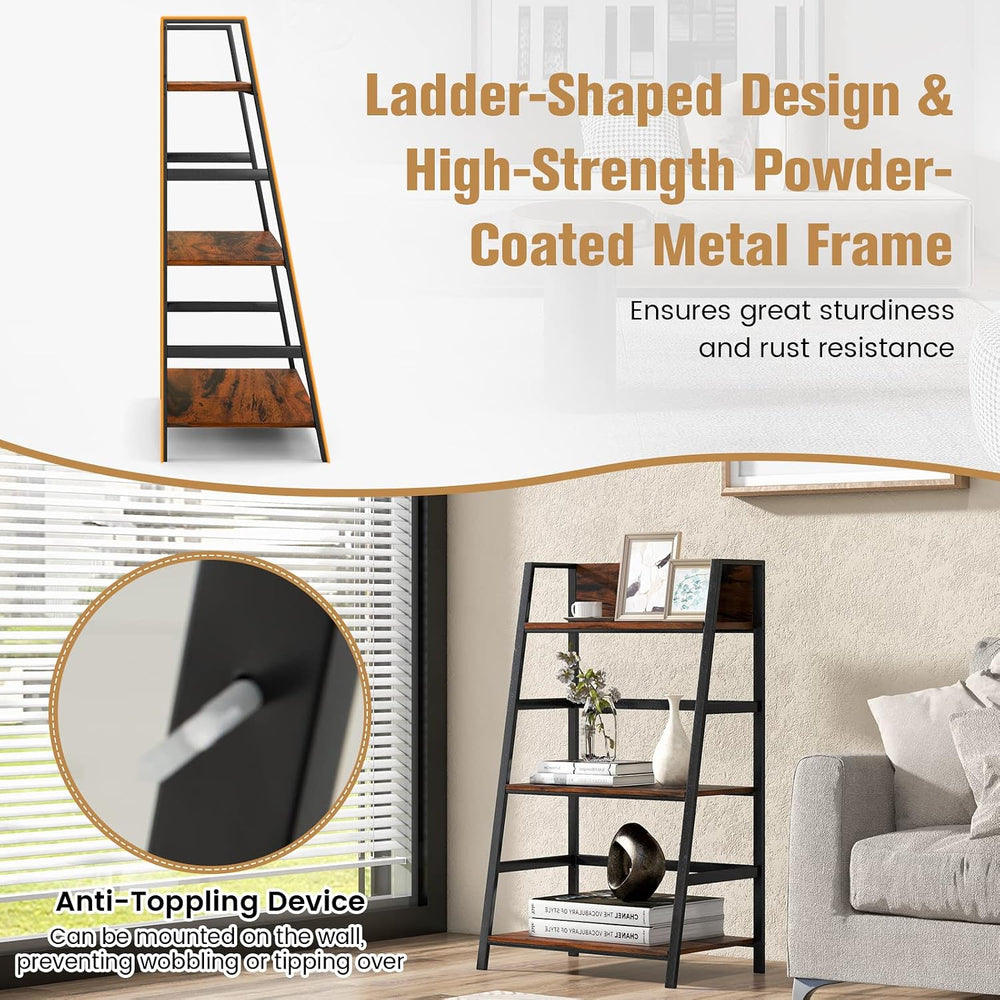 Tangkula 3-Tier Ladder Bookshelf, Industrial Wooden Bookcase w/Metal Frame, A...