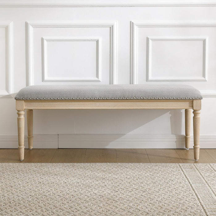 46'' French Country Entryway Bench Wooden Linen Fabric Upholstered Seat Dinng Bench with Nailhead Trim for Hallway End of Bed, Grey
