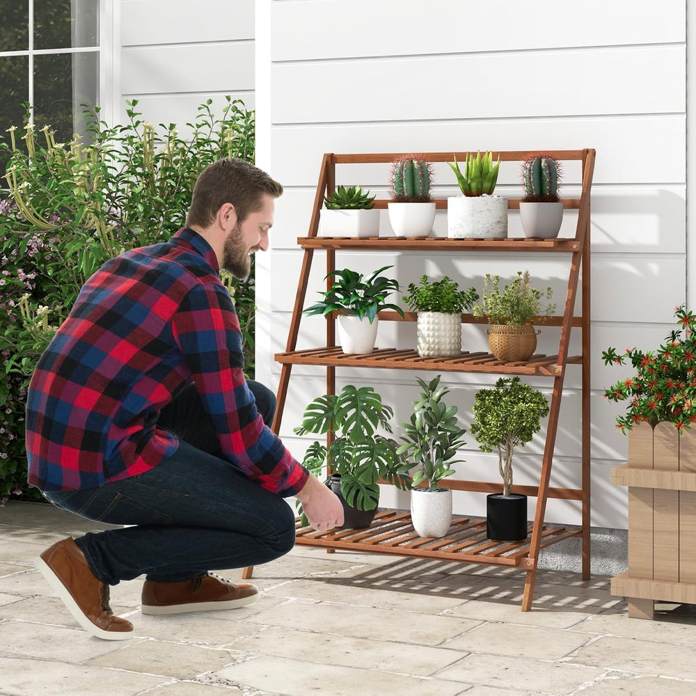 COSTWAY Bamboo Plant Stand, Foldable Multifunctional Flower Display Ladder Sh...