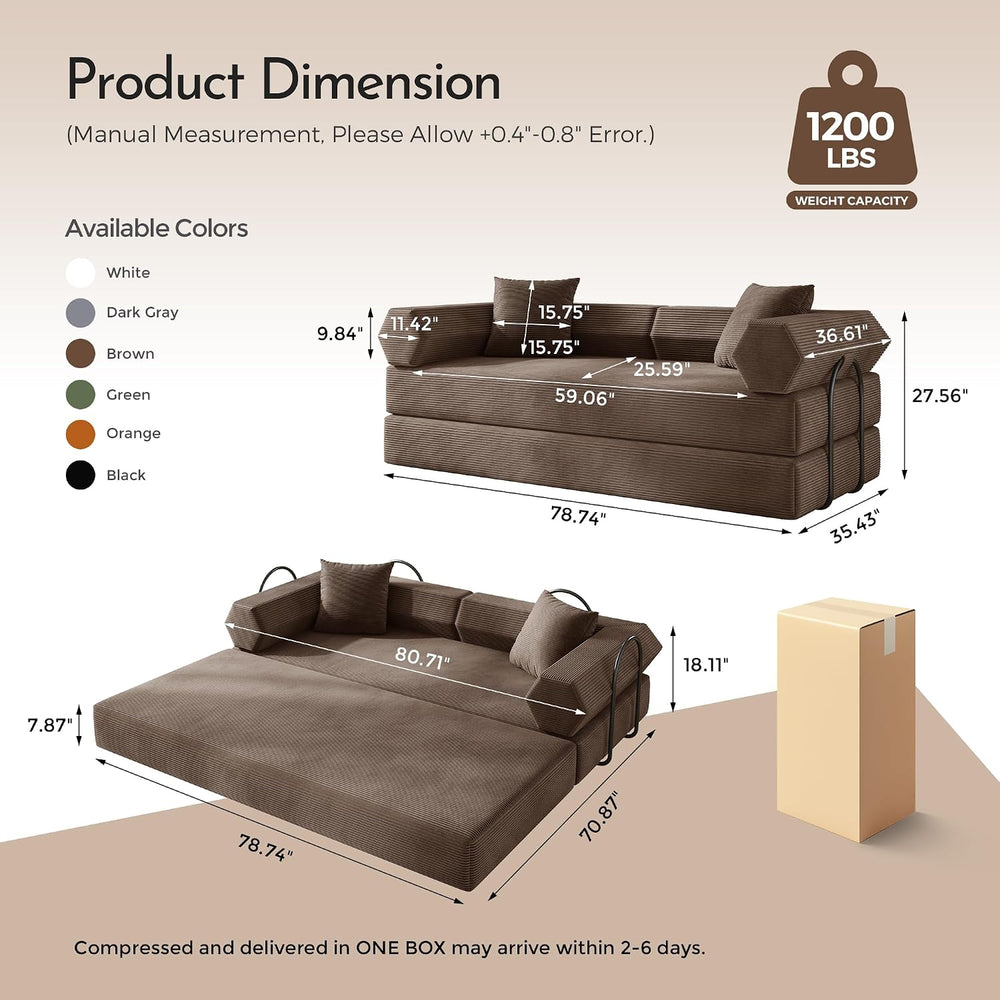 79" Convertible Futon Sofa Bed,Boneless Couch for Living Room | Coco Brown
