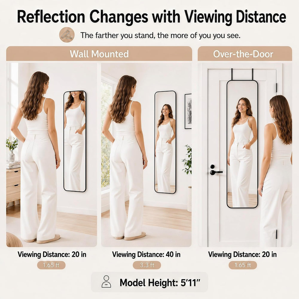 SCWF-GZ 47x14 Full Length Mirror Over the Door,Wall Mounted/Rope Hang Black