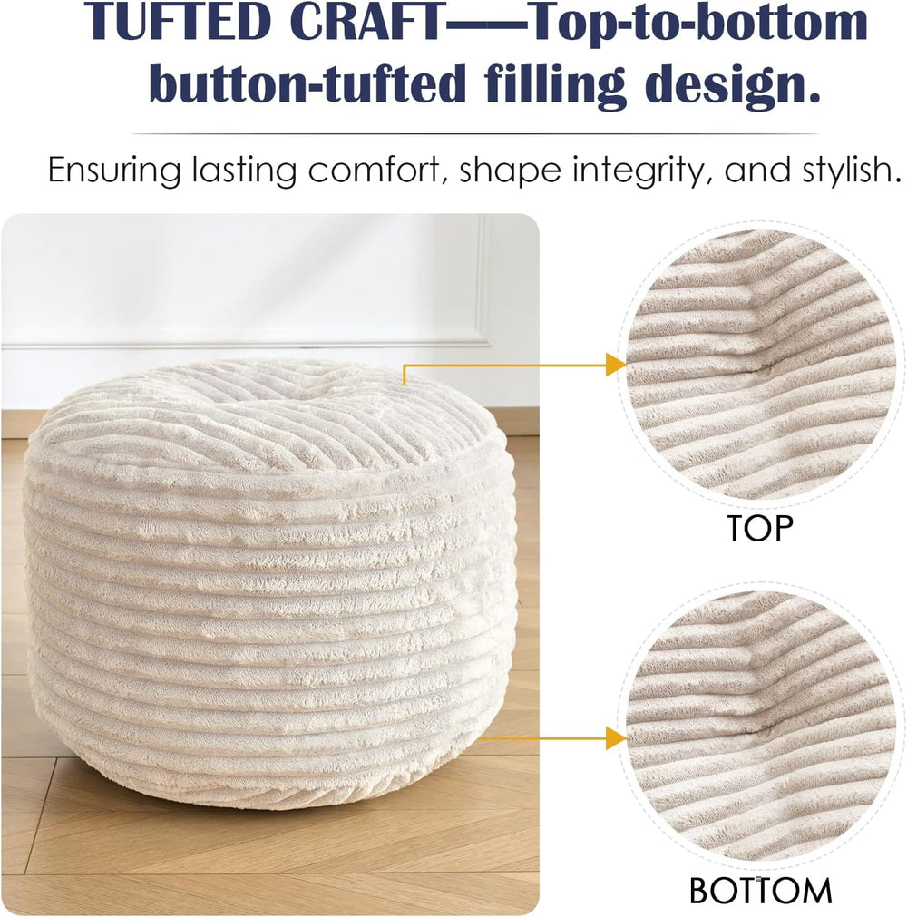 Round Pouf Ottoman,Corduroy Foot Rest,Beige,18x14 in