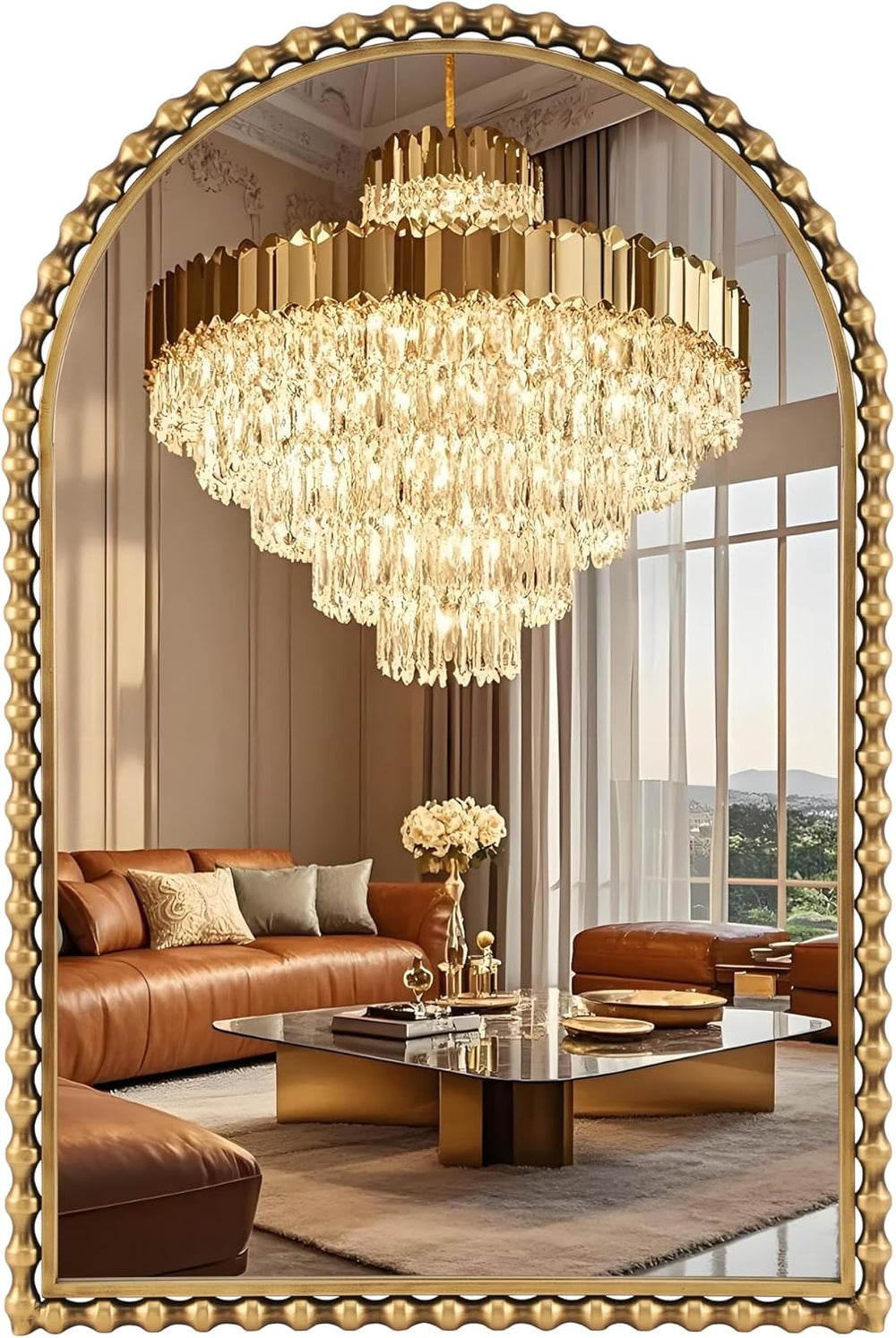 24"x36" Antique Gold Arched Bathroom Mirror, Bold Beaded Frame