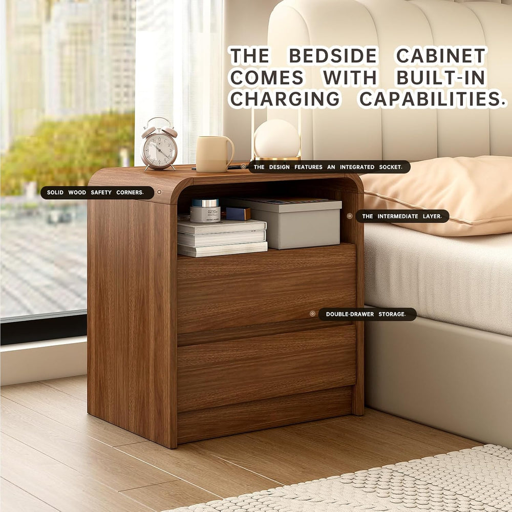 Messenya Modern Nightstand, 23.6-Inch Wide with Charging Station & Curved...