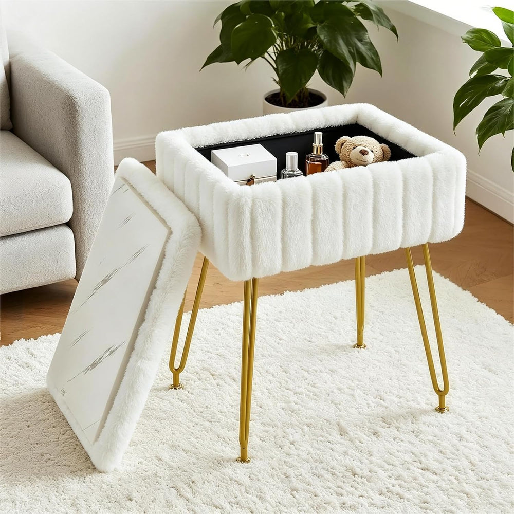 FUXA Vanity Stool Chair with Storage, Faux Fur and Metal Legs, White | Soft P...