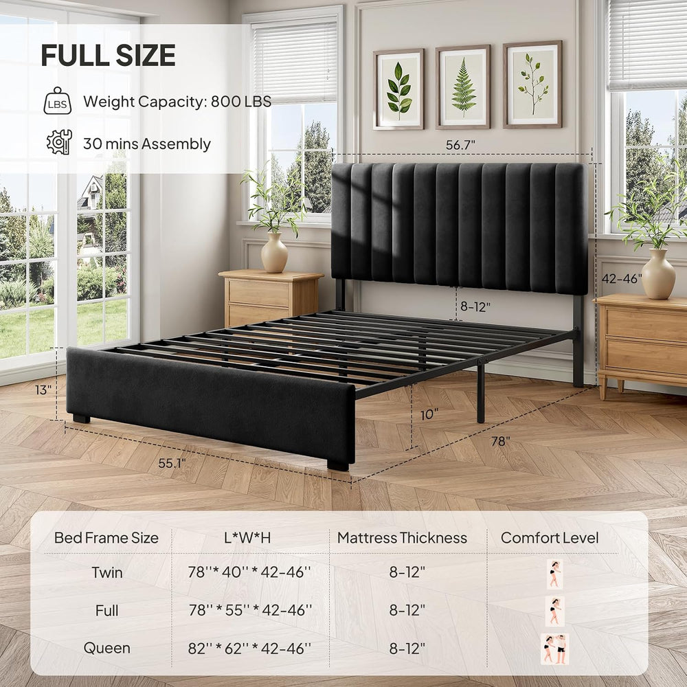 Welzona Full Size Velvet Upholstered Bed Frame with Tufted Headboard, Black