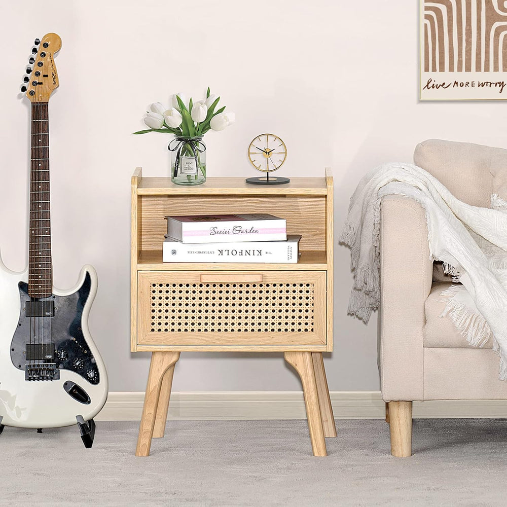 Lerliuo Rattan Nightstand, Boho Side Table with Drawer Open Shelf | Cane Acce...