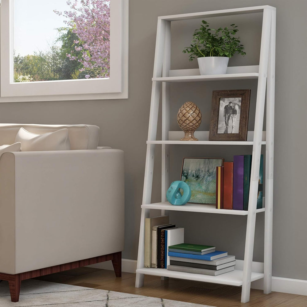 4-Tier Ladder Bookshelf - Freestanding Shelved Bookcase with X-Back Frame and...
