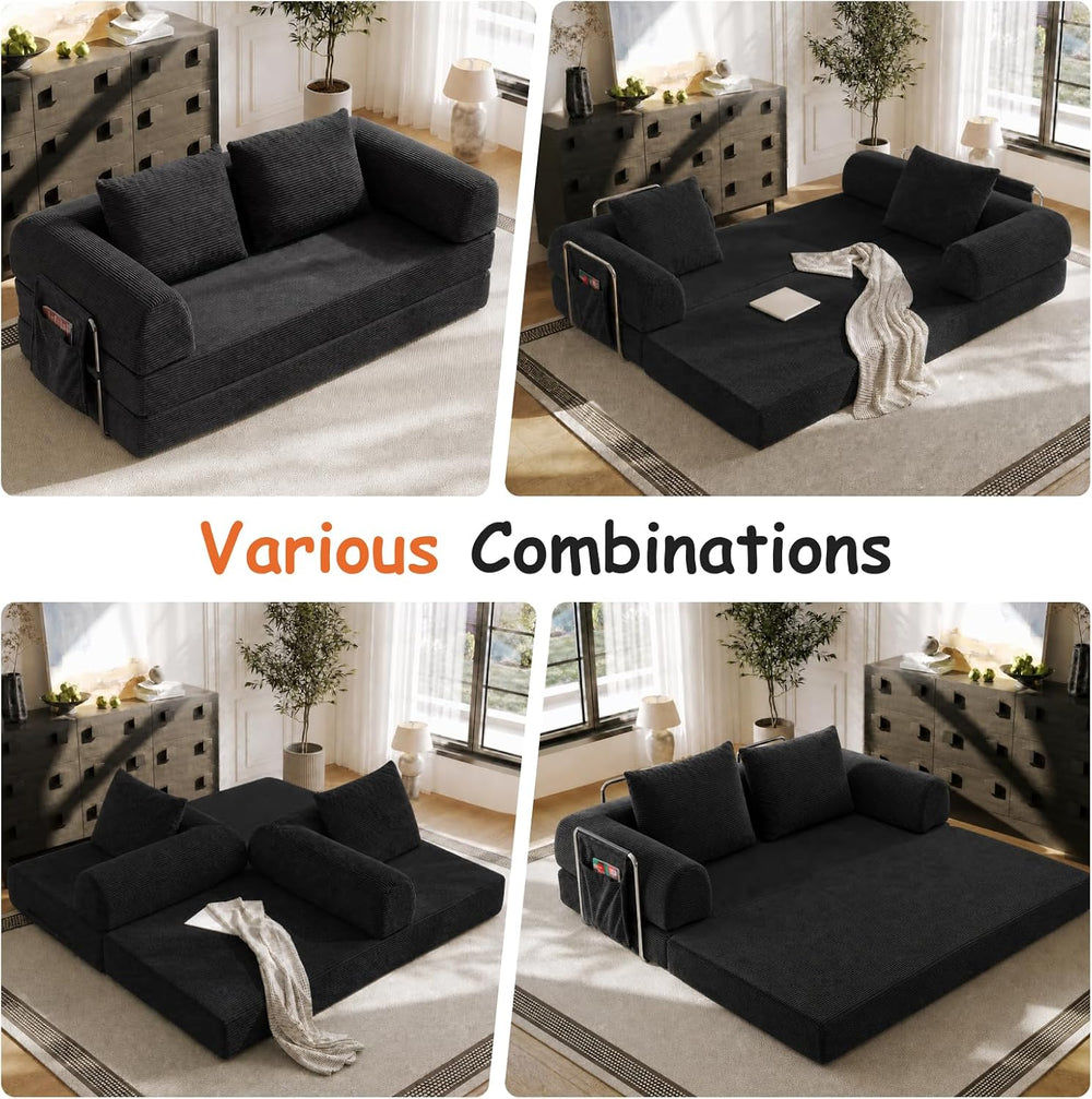 78" Convertible Sofa Bed, Corduroy Pull Out Couch with Fixed Frame &...